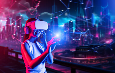 Smart female standing in cyberpunk style building in meta wear VR headset connecting metaverse, future cyberspace community technology, Woman use index fingers touching virtual object. Hallucination.