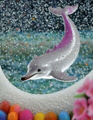 Dolphin is smiling. A jewel-like crescent moon in the light blue and pink sky.