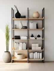 Modern home interior showcasing a sleek, organized storage system with open shelves and neatly arranged items, embodying minimalism and efficiency, ideal for interior design themes