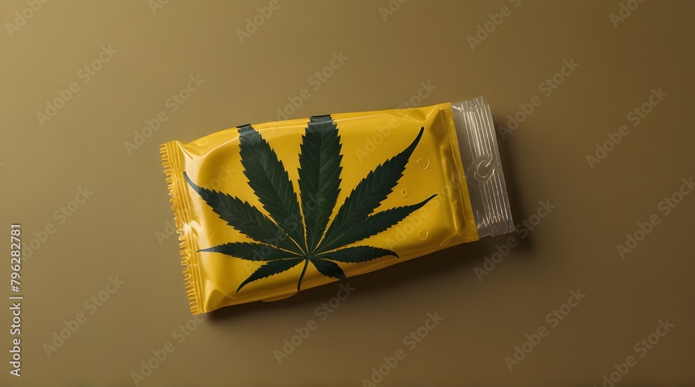 Wall mural condom and cannabis leaf with copy space on yellow background, sex drugs mockup.generative.ai