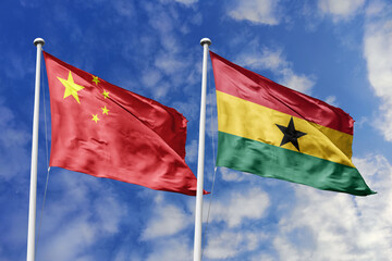 3d illustration. China and Ghana Flag waving in sky. High detailed waving flag. 3D render. Waving...