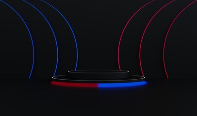Black cylindrical podium with a black background. Blue and red neon lights For displaying advertisements, fashion products, promotions, 3D illustrations