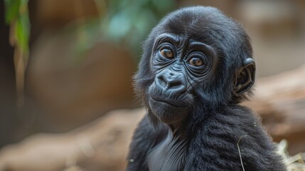 Obraz premium Baby Gorilla in Uganda. Closeup with Stunning Colours and Daylight in Natural Habitat