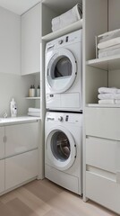 Modern home laundry area featuring hightech appliances and organized storage solutions, designed for convenience and aesthetic appeal