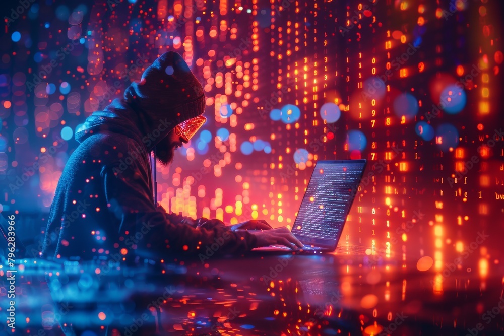 Poster mysterious figure with hoodie coding on laptop amidst a digital rain, signifying cyber security and 
