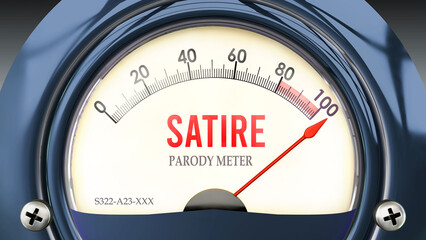 Satire and Parody Meter that is hitting a full scale, showing a very high level of satire, overload of it, too much of it. Maximum value, off the charts.  ,3d illustration
