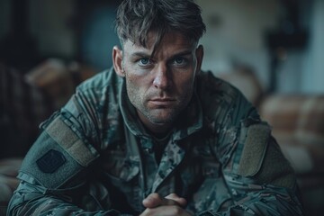 A man in military attire staring intensely with a seriously focused and contemplative look - obrazy, fototapety, plakaty