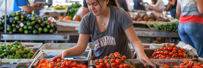 Obraz premium A woman is standing in front of a vibrant display of fresh tomatoes at a market