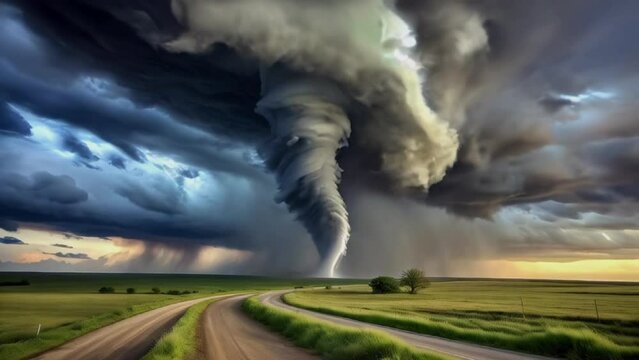 Dramatic tornado spinning through countryside 