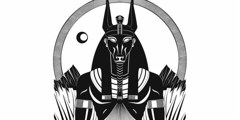 Jackal-Headed God of Ancient. Black and White Digital Lineart in Abstract Hieroglyph.