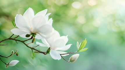 white magnolia flower branch on green nature spring background