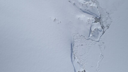 Antarctica Coast Glacier Surface Open Water Aerial View. Arctic Lagoon Floating Melting Ice Majestic Landscape Global Warming Concept Top Flight Drone