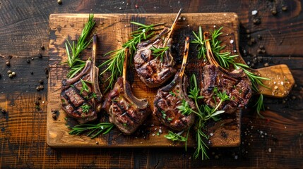Lamb Loin Chop. Juicy and Grilled Tenderloin with Herbs. Top View on Wooden Board Background