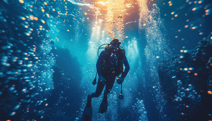 Adventurous scuba diver exploring the serene underwater world,generative ai - obrazy, fototapety, plakaty