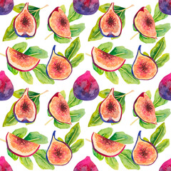 Watercolor pattern fig with leaves isolated background 