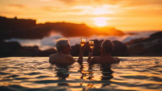 Two individuals are seated in a swimming pool, each holding a glass of wine
