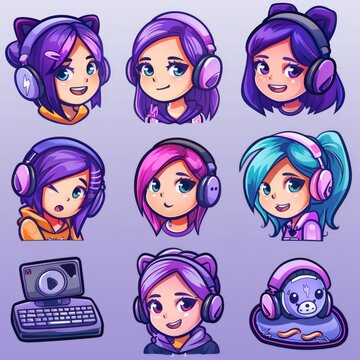 Streamer Girl's Cute Emotes & Badges Set: Gaming Character, Anime-inspired Cartoon, Console-Themed,