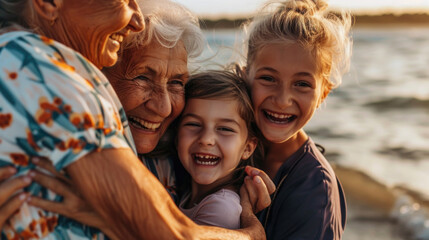 Several elderly women embracing in a group hug, displaying love and support for one another