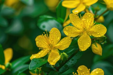 Yellow Flowering Perforate St. John's Wort in Close-up: Medicinal Hypericum Blossom with Green - obrazy, fototapety, plakaty