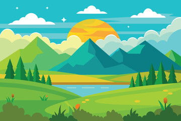 Fototapeta na wymiar Cartoon flat panorama of spring summer beautiful nature, green grasslands meadow with mountains on horizon background, summer mountain landscape, dawn over the valley