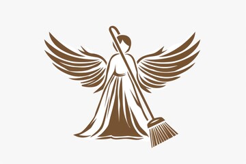 Fototapeta premium A woman holding a broom with wings on a plain white background. Suitable for fantasy or cleaning concept
