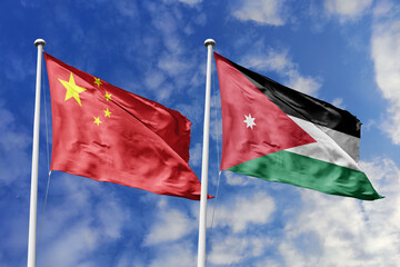 3d illustration. China and Jordan Flag waving in sky. High detailed waving flag. 3D render. Waving...