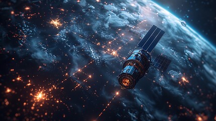 Create a high-resolution digital image that showcases a global telecommunication network with satellites orbiting the Earth, undersea cables crisscrossing the ocean floors. - obrazy, fototapety, plakaty