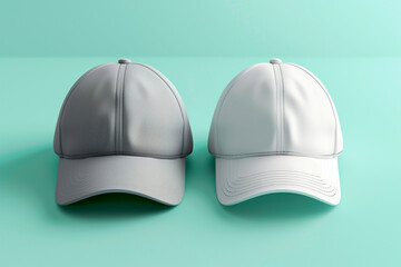 White and gray baseball caps mock-up displayed against a teal background, viewed from the front