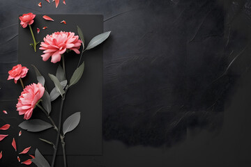 Stylish elegant flat lay black floristic greeting invitation post card with copy space mockup. - obrazy, fototapety, plakaty