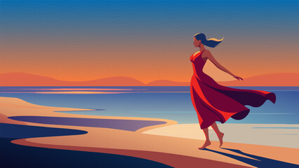 As the sun sets over the ocean a solitary dancer moves gracefully along the shoreline her flowing dress trailing behind her and leaving a trail