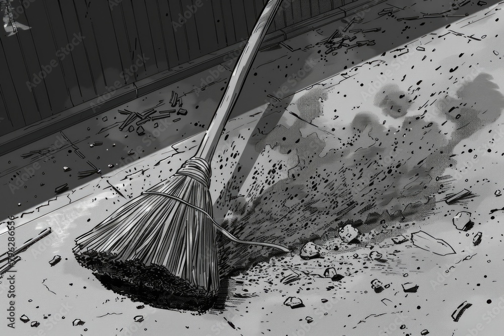 Poster a black and white photo of a broom and a broomstick. suitable for various design projects