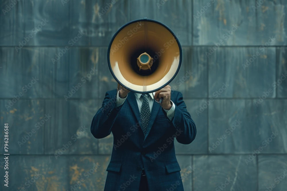 Poster a man in a suit holding a megaphone. perfect for business and communication concepts