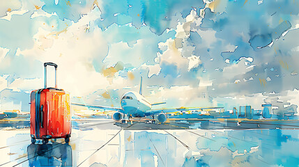  Watercolor illustration of airport and suitcase for foreign travel illustration - obrazy, fototapety, plakaty