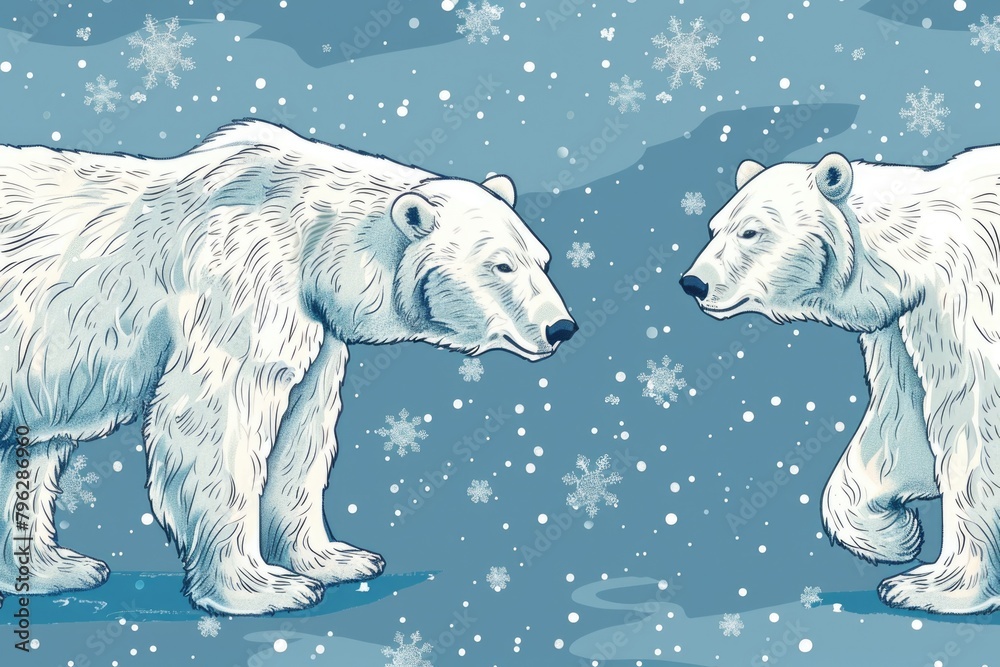 Poster Two polar bears standing together in the snow, suitable for wildlife and winter themes