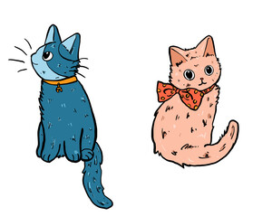 Cat cute cartoon funny with fish isolated icon set color, hand draw.	