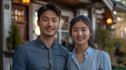 Portrait of happy young asian couple standing in front of house looking at camera - Powered by Adobe