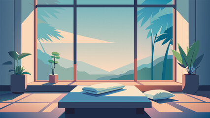 Fototapeta premium A serene bedroom with large windows allowing natural light to flood in showcasing a simple meditation space with a plush cushion and calming
