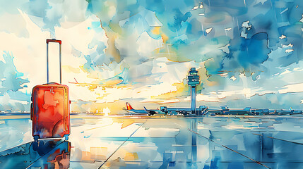  Watercolor illustration of airport and suitcase for foreign travel illustration - obrazy, fototapety, plakaty