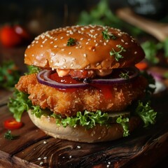 Fresh crispy fried chicken burger sandwich on a table in a restaurant