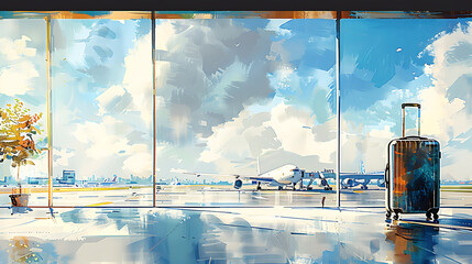  Watercolor illustration of airport and suitcase for foreign travel illustration - obrazy, fototapety, plakaty