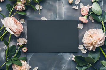 Stylish elegant flat lay black floristic greeting invitation post card. - obrazy, fototapety, plakaty