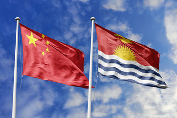 3d illustration. China and Kiribati Flag waving in sky. High detailed waving flag. 3D render. Waving in sky. Flags fluttered in the cloudy sky.