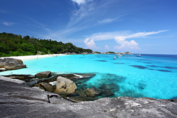 Clear water and white sandy beach at Koh Miang or four Island in Similan National Park. Phang Nga...