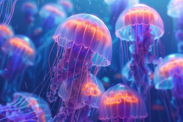 Group of jellyfish swimming in the ocean, perfect for marine life concepts - obrazy, fototapety, plakaty