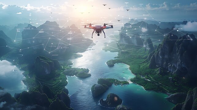 Design a digital visualization that shows a network of drones flying over diverse landscapes such as forests, oceans, and mountains.