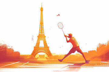 Orange watercolor paint of badminton player hits shuttlecock by eiffel tower