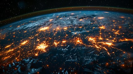 Illustrate a satellite view of the Earth with a glowing network overlay that represents the worldwide renewable energy grid.