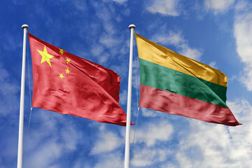 3d illustration. China and Lithuania Flag waving in sky. High detailed waving flag. 3D render....