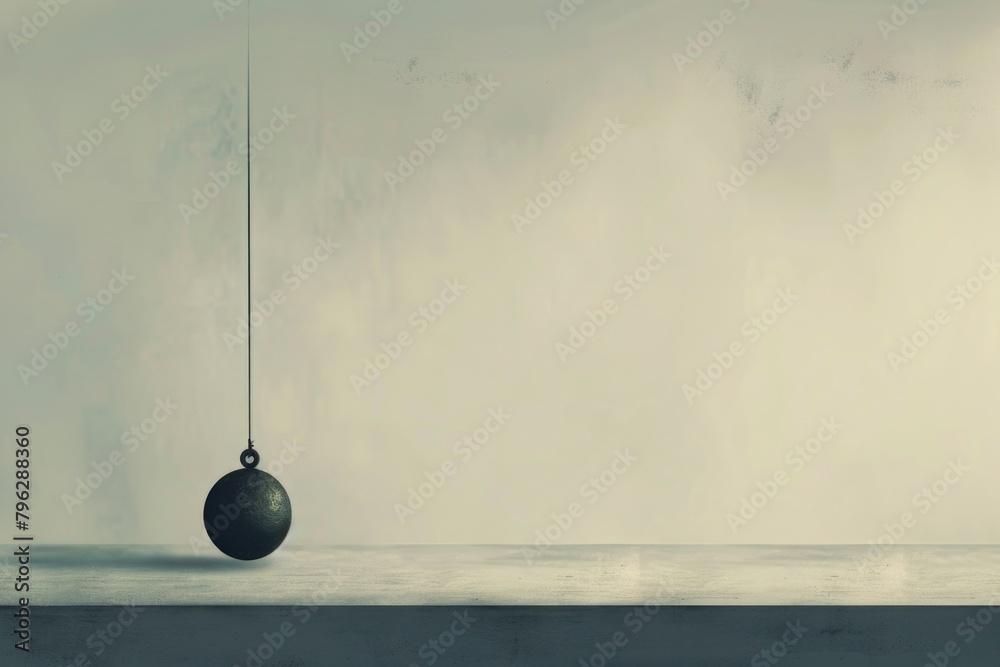 Poster a black ball hanging from a string, suitable for various concepts and designs