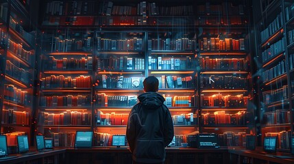Illustrate a scene inside a digital library that is part of the global education platform.